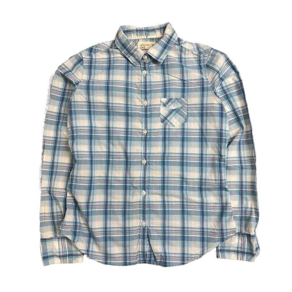 American Eagle Outfitters Blue Plaid Long Sleeve Button-Up Shirt